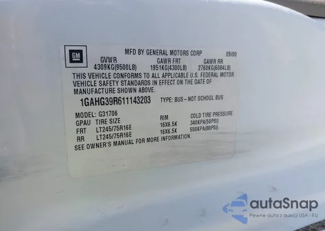 2001 Chevrolet Express from USA, damaged, VIN 1GAHG39R611143203